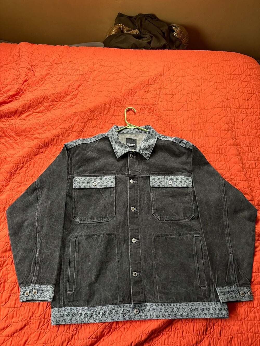 Vintage Godbody GG Monogram Black Denim Jacket Streetwear XXL